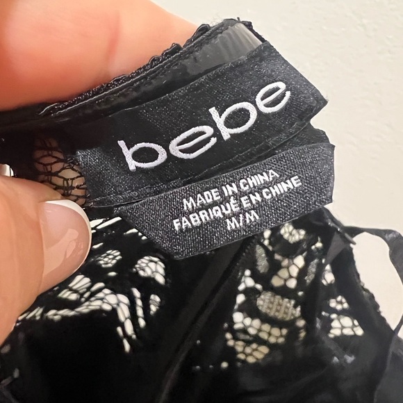 BEBE Asymmetrical Hem Black Lace Mini Dress removable straps Size Medium - Picture 9 of 11